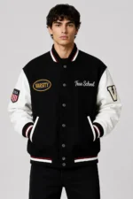 True School Exclusive Varsity Jacket Black Wool White Leather