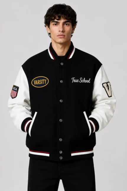 True School Exclusive Varsity Jacket Black Wool White Leather