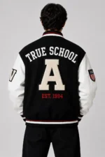 True School Exclusive Varsity Jacket Black Wool White Leather For Sale