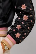 Womens Black Lightweight Satin Varsity Jacket with Full Floral Butterfly Embroidery Back