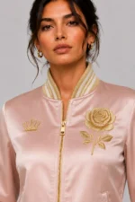 Womens Blush Pink Lightweight Satin Varsity Jacket with Gold Rose Crown Front Gold Butterfly Back