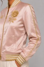 Womens Blush Pink Lightweight Satin Varsity Jacket with Gold Rose Crown Gold Butterfly Back