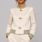 Women's Ivory Duchess Satin Varsity Jacket Chenille Leaf Back