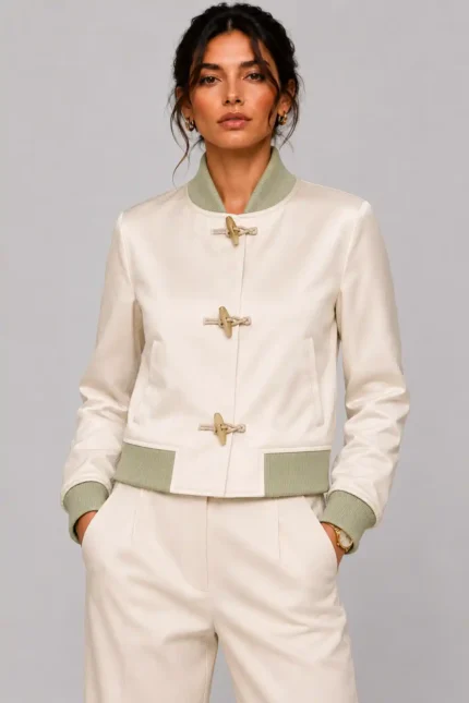Women's Ivory Duchess Satin Varsity Jacket Chenille Leaf Back