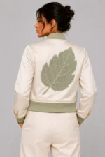 Women's Ivory Duchess Satin Varsity Jacket Chenille Leaf Back For Sale