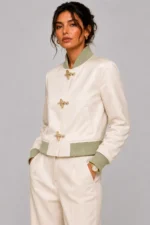 Womens Ivory Duchess Satin Varsity Jacket with Sage Chenille Leaf Back