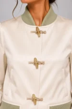 Womens Ivory Duchess Satin Varsity Jacket with Sage Chenille Leaf Back On Sale