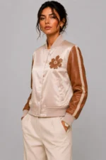 Womens Nude Lightweight Satin Varsity Jacket Crane Embroidery Brown Leather Sleeves