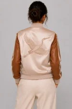 Womens Nude Lightweight Satin Varsity Jacket with Crane Embroidery Brown Leather Sleeves