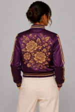 Womens Plum Lightweight Satin Varsity Jacket with Gold Floral Embroidery Back