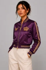 Womens Plum Lightweight Satin Varsity Jacket with Gold Floral Embroidery Back For Sale