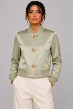 Women's Sage Duchess Satin Varsity Jacket Chenille Circle Back