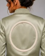 Women's Sage Duchess Satin Varsity Jacket Chenille Circle Back For Sale