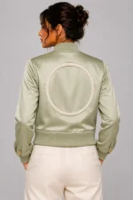 Womens Sage Duchess Satin Varsity Jacket with Ivory Chenille Circle Back