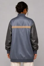 Womens Slate Duchess Satin Longline Varsity Jacket with Camel Chenille Stripe Back