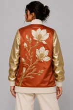 Womens Terracotta Duchess Satin Varsity Jacket with Magnolia Embroidery Gold Leather Sleeves