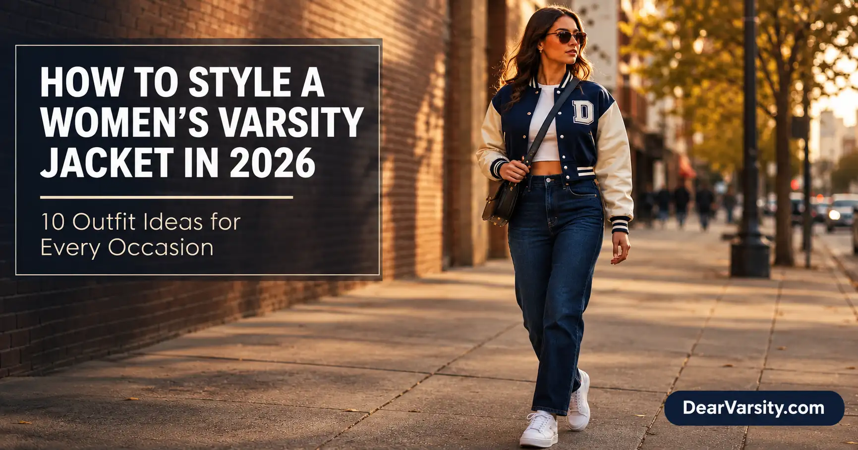 Women's varsity jacket street style outfit 2026