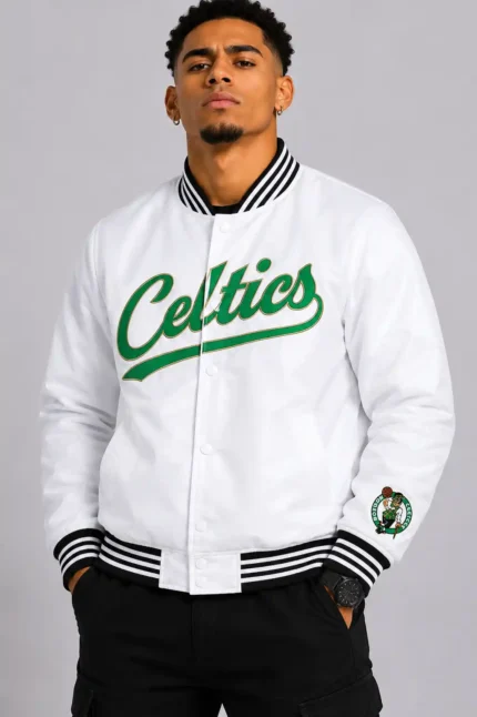 Boston Celtics White Nylon Varsity Jacket