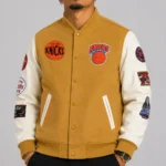 Brown Cream NY Knicks Dusted Varsity Jacket