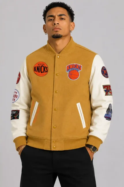 Brown Cream NY Knicks Dusted Varsity Jacket