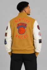 Brown Cream NY Knicks Dusted Varsity Jacket For Sale