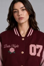 Buy Date Night Maroon and Pink Varsity Jacket
