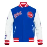 Buy Detroit Pistons Royal Red Script Tail Varsity Jacket
