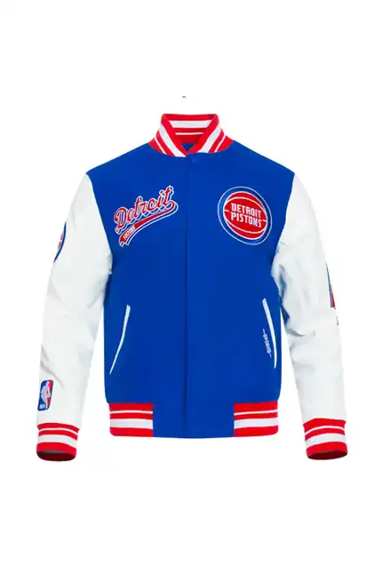Buy Detroit Pistons Royal Red Script Tail Varsity Jacket