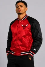 Chicago Bulls Inductee Red and Black Full-Snap Satin Varsity Jacket On Sale