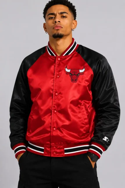 Chicago Bulls Inductee Red and Black Satin Varsity Jacket