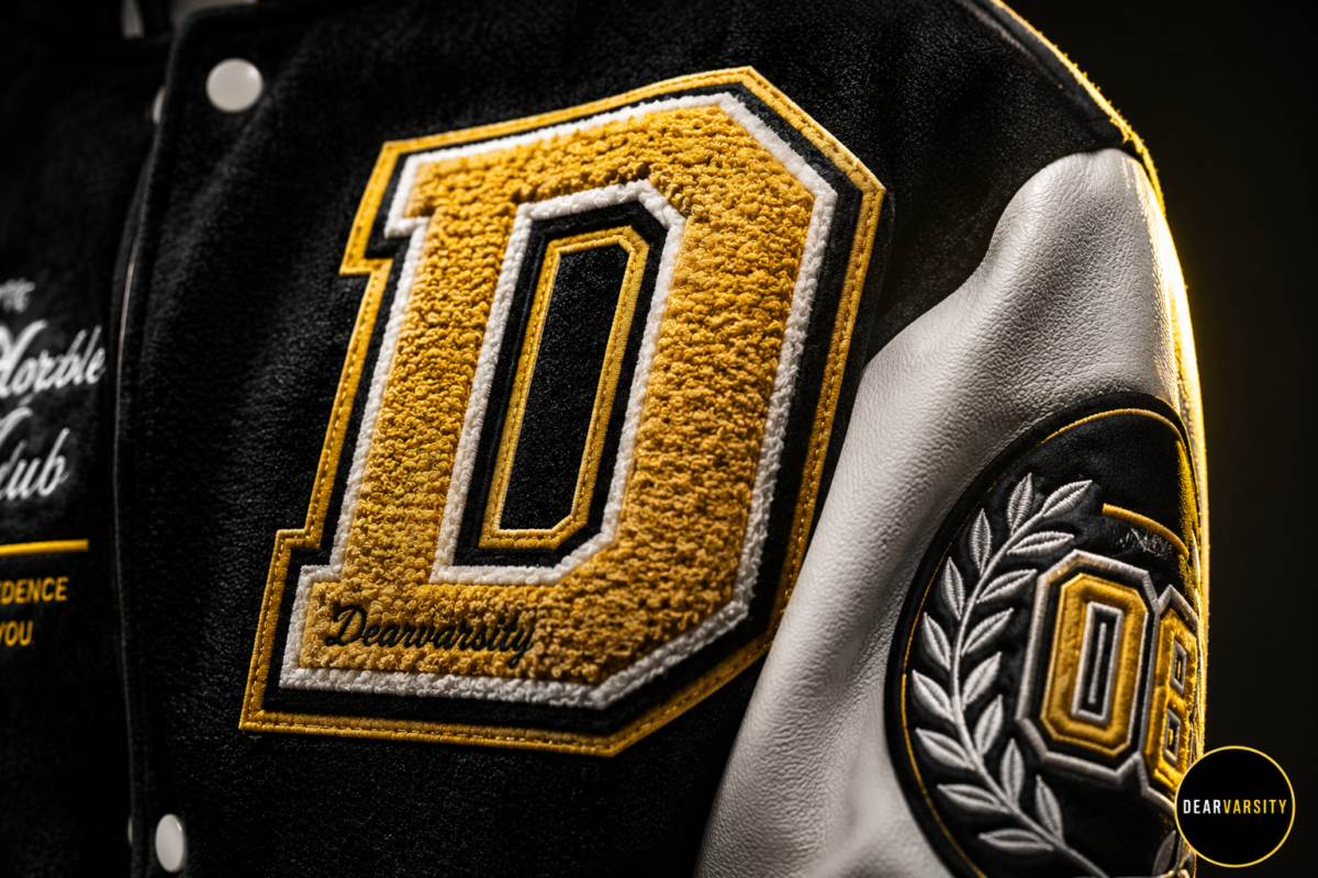 Close-up detail of chenille patches and embroidery on a women's varsity jacket