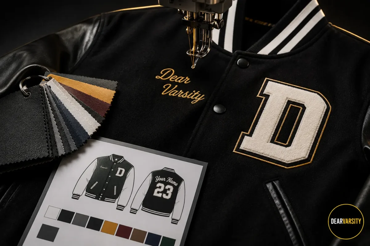 Custom varsity jacket design process showing name embroidery and color selection