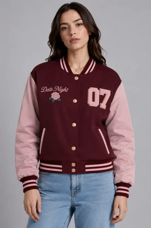 Date Night Maroon and Pink Varsity Jacket