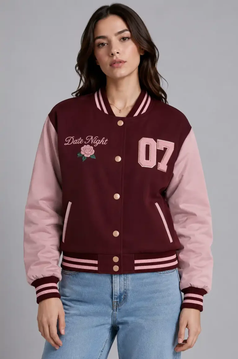 Date Night Maroon and Pink Varsity Jacket