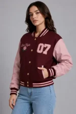 Date Night Maroon and Pink Varsity Jacket For Women