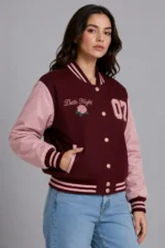 Date Night Maroon and Pink Varsity Jacket On Sale