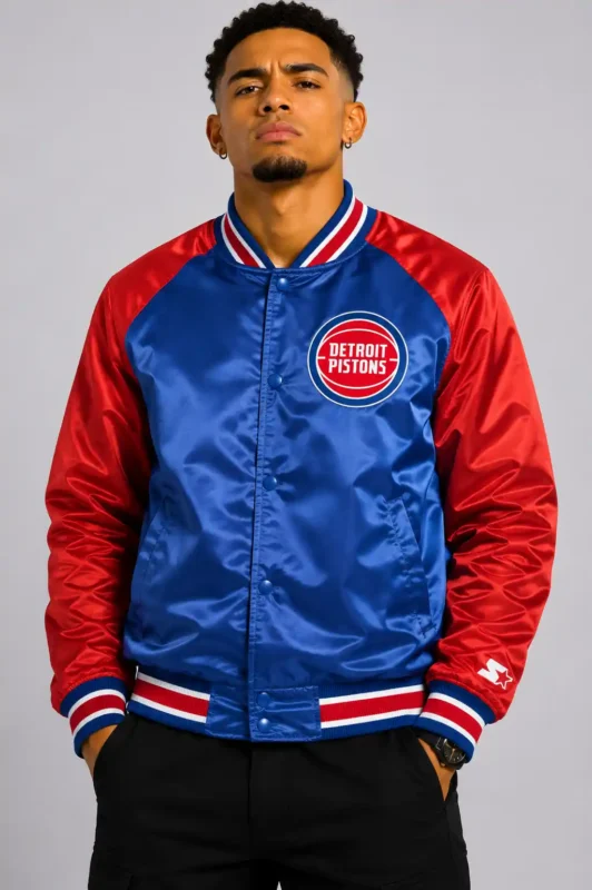 Detroit Pistons Inductee Blue Red Full-Snap Satin Varsity Jacket