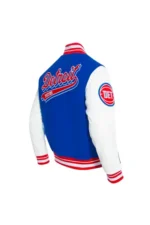 Detroit Pistons Royal Red Script Tail Varsity Jacket On Sale