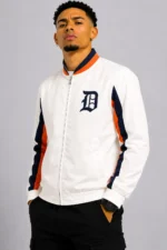 Detroit Tigers Rebound Track Full-Zip Off White Varsity Satin Jacket For Sale