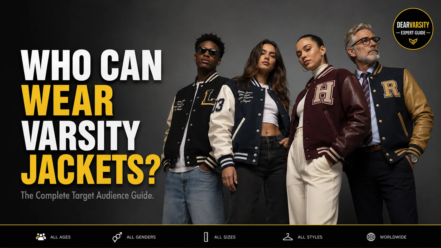 Diverse group of people wearing varsity jackets in casual and dressed-up styles