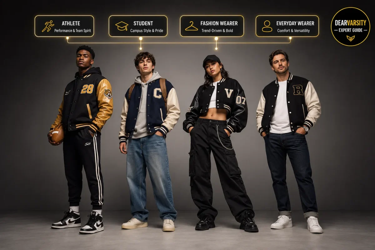 Four people styling varsity jackets differently based on athlete, student, fashion, and everyday wearer types