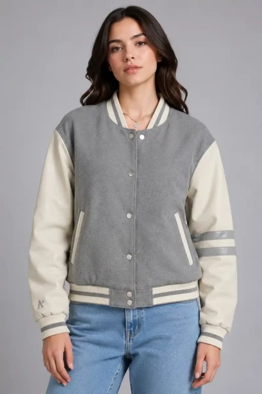 Grey and Cream Wool Varsity Jacket