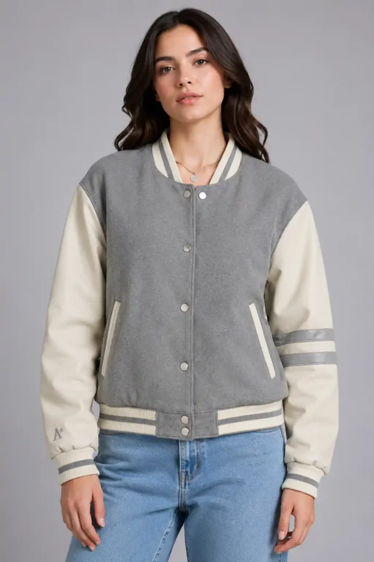 Grey and Cream Wool Varsity Jacket