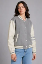 Grey and Cream Wool Varsity Jacket On Sale