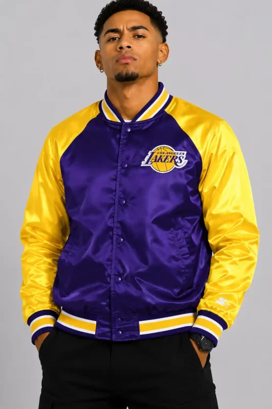 LA Lakers Inductee Purple and Gold Satin Varsity Jacket