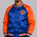 NY Knicks Inductee Blue and Orange Satin Varsity Jacket