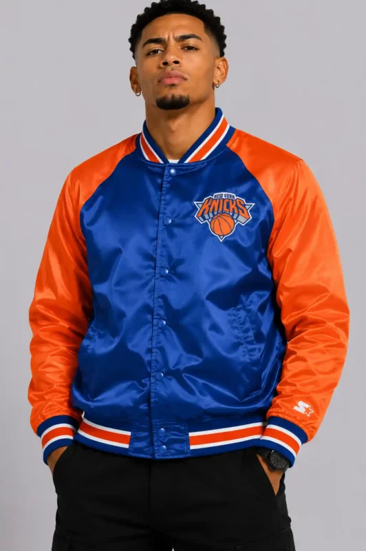 NY Knicks Inductee Blue and Orange Satin Varsity Jacket