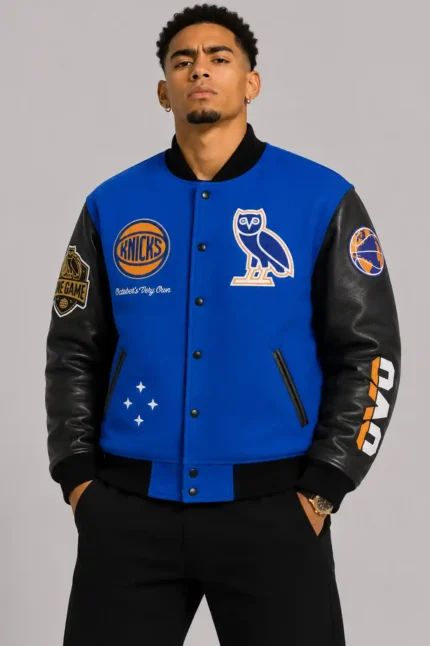 NY Knicks OVO Royal and Black Varsity Jacket