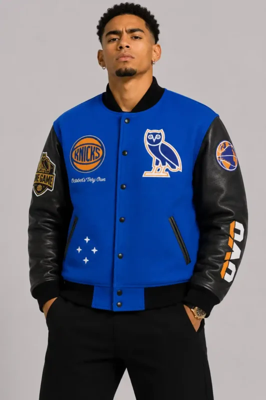 NY Knicks OVO Royal and Black Varsity Jacket