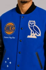 NY Knicks OVO Royal and Black Varsity Jacket On Sale